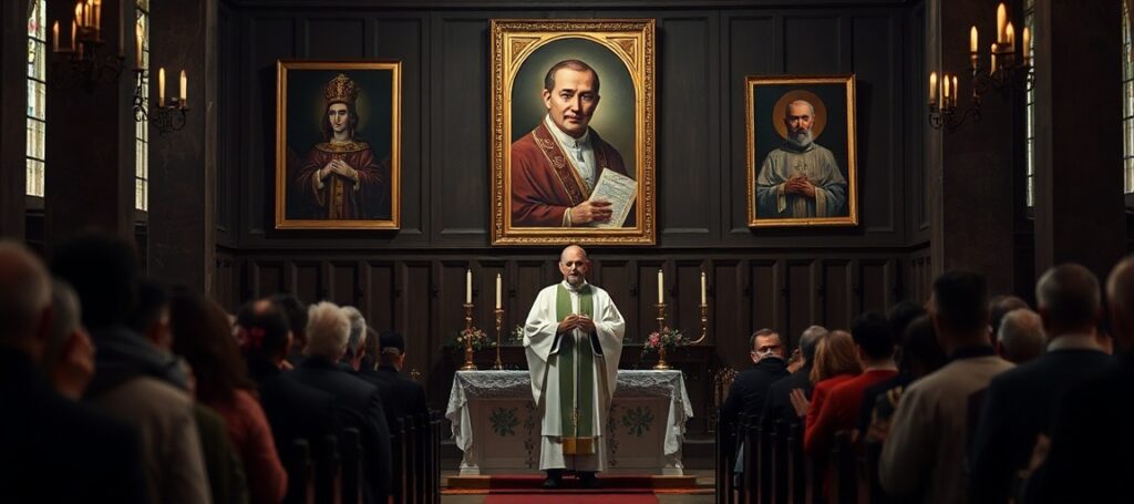 Obraz przedstawiający wnętrze kościoła z abp. Wacławem Depo podczas mszy w Sanktuarium Bł. Kardynała Stefana Wyszyńskiego w Radomiu.