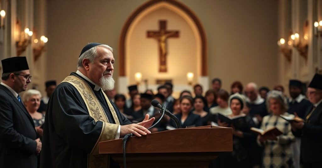 Obraz przedstawia "abpa" Gądeckiego podczas XXIX Dnia Judaizmu w Poznaniu, z reprezentantami gmin żydowskich i ekumenicznymi grupami w tle.