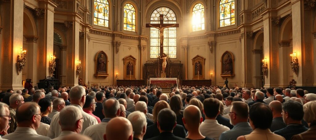 Kolorowe zdjęcie przedstawiające uroczystości w Sanktuarium Narodowym św. Andrzeja Boboli w Warszawie w 2026 roku, z abp Galbasem i ojcem Sosą podczas homilii. Scena ukazuje tłum wiernych w neoklasycznej świątyni z rzeźbami świętych i bogato zdobionymi ołtarzami na tle. Atmosfera jest pochmurna i pełna duchowej pustki.