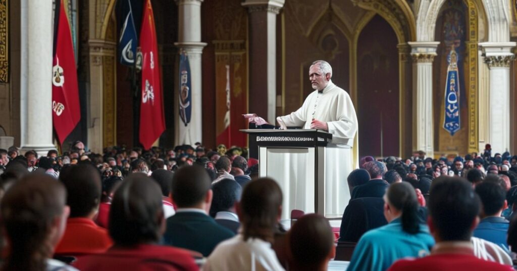Obraz przedstawiający "abpa" Pawła Richarda Gallaghera przemawiającego na panelu o surogacji jako nowej formie kolonializmu, z tłem katolickim nauczania o małżeństwie.