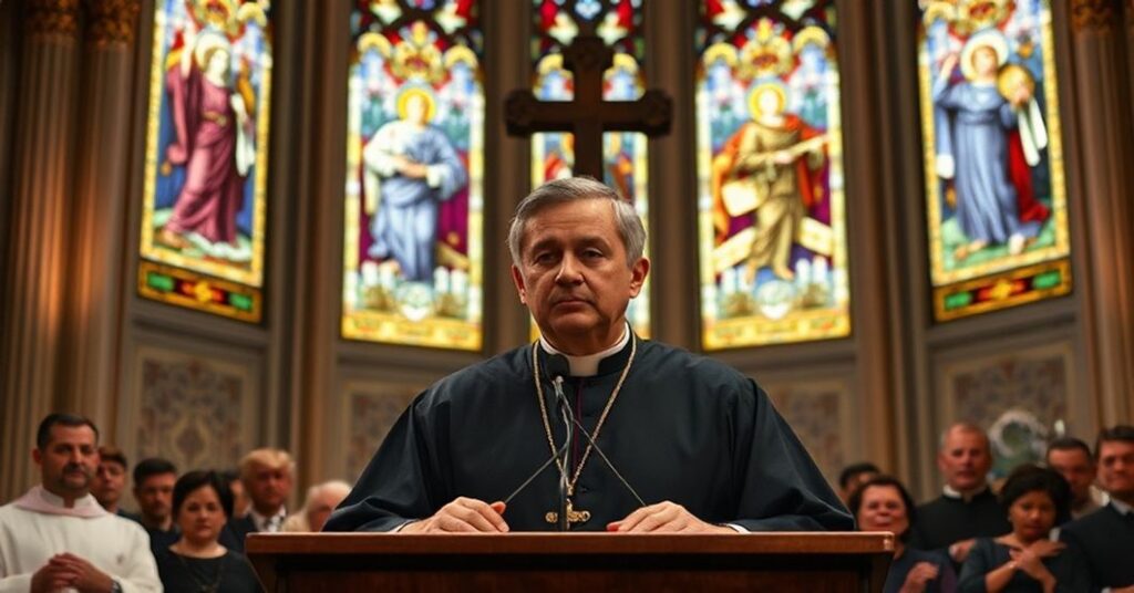 Obrązek przedstawiający "abpa" Gómeza w trakcie kontrowersyjnego wystąpienia o polityce imigracyjnej prezydenta Trumpa w tradycyjnym katolickim kościele.