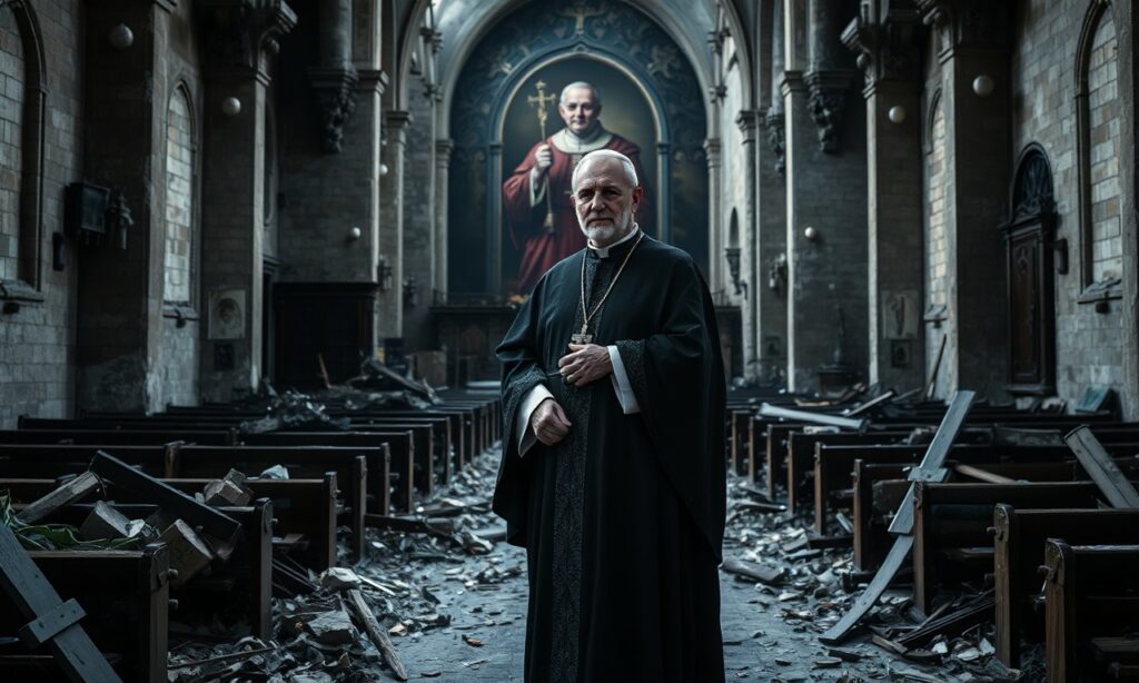 Obraz przedstawiający zmarłego abpa Józefa Michalika w tradycyjnym kościele katolickim, otoczonego ruinami i znakami apostazji posoborowej.