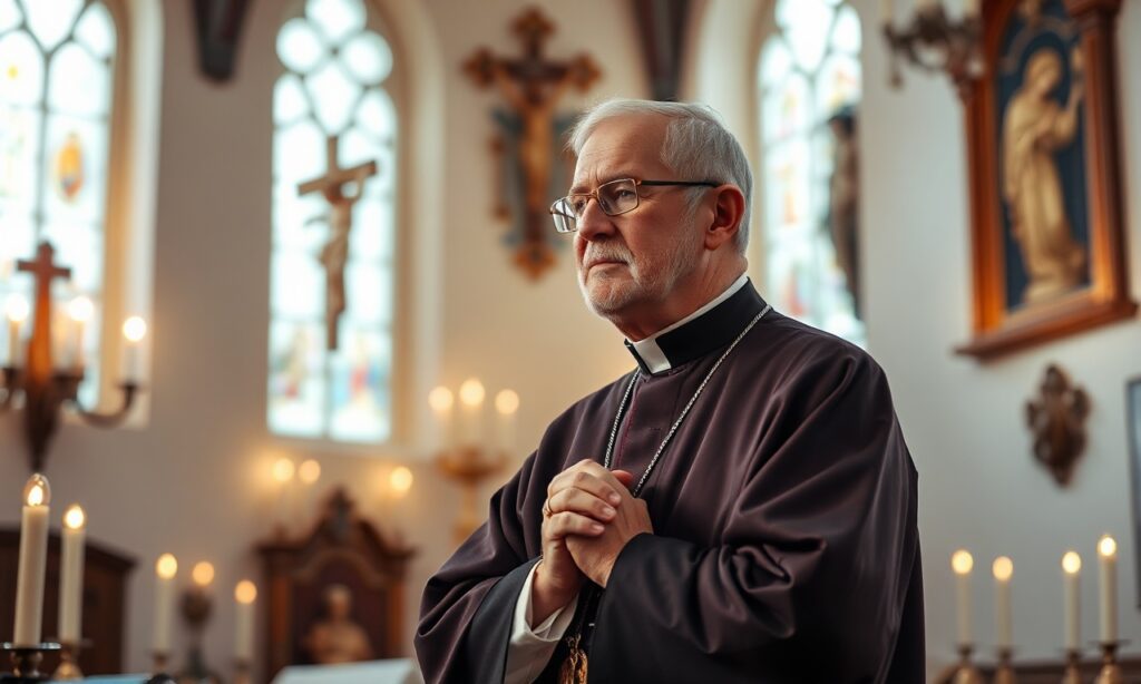 Obrzęk Józef Michalik w tradycyjnych szatach kościelnych w kaplicy ozdobionej krzyżami i ikonami religijnymi