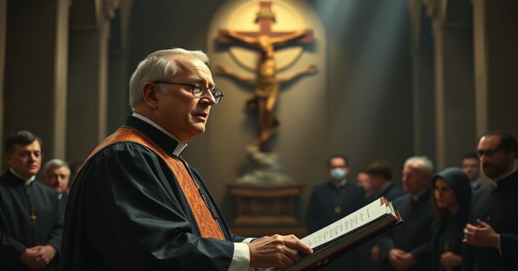 Portret "abp" Józefa Kupnego podczas kontrowersyjnego przemówienia w kościele, podkreślający erozję katolickiej doktryny i hierarchii