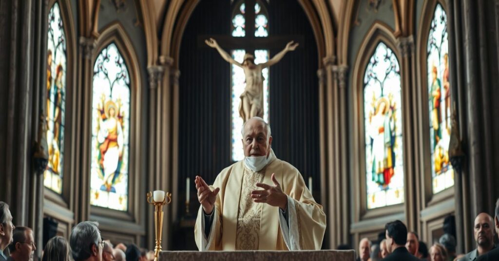 Wnętrze wrocławskiej katedry podczas mszy palmowej z abp Kupnym na kazańcu