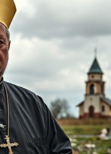 Abp. Mokrzycki o wojnie w Ukrainie: brak nadziei bez Chrystusa Obraz przedstawia abpa Mieczysława Mokrzyckiego w tradycyjnym stroju katolickim na tle zniszczonego ukraińskiego krajobrazu, symbolizując cierpienie i brak nadziei w wojnie.