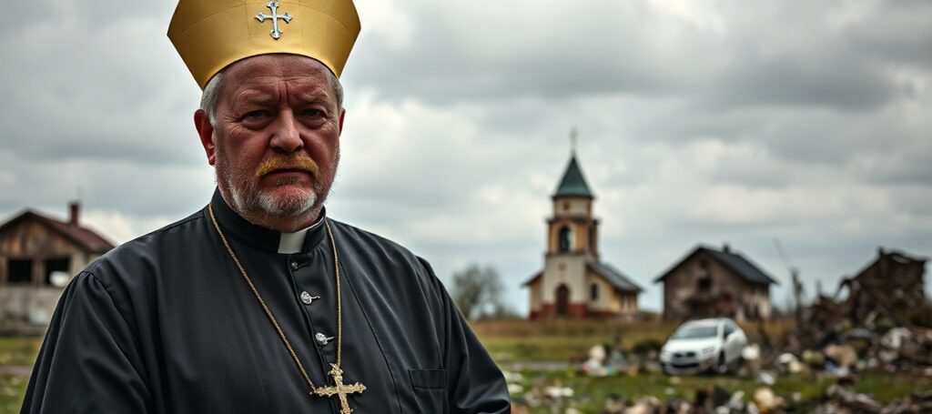 Obraz przedstawia abpa Mieczysława Mokrzyckiego w tradycyjnym stroju katolickim na tle zniszczonego ukraińskiego krajobrazu, symbolizując cierpienie i brak nadziei w wojnie.