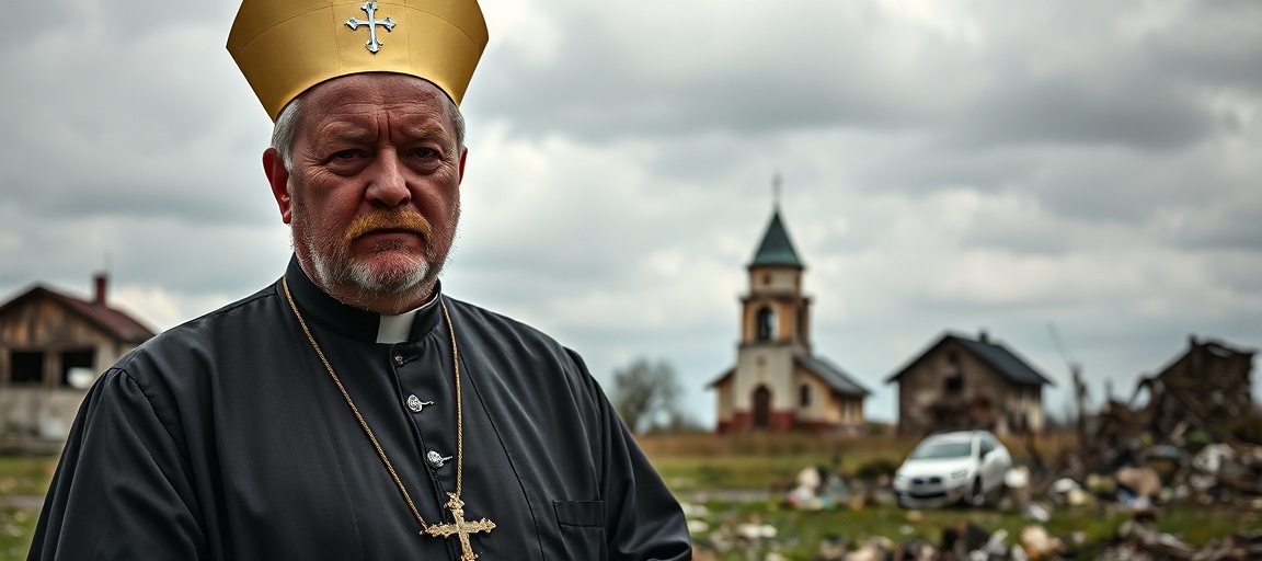 Abp. Mokrzycki o wojnie w Ukrainie: brak nadziei bez Chrystusa Obraz przedstawia abpa Mieczysława Mokrzyckiego w tradycyjnym stroju katolickim na tle zniszczonego ukraińskiego krajobrazu, symbolizując cierpienie i brak nadziei w wojnie.