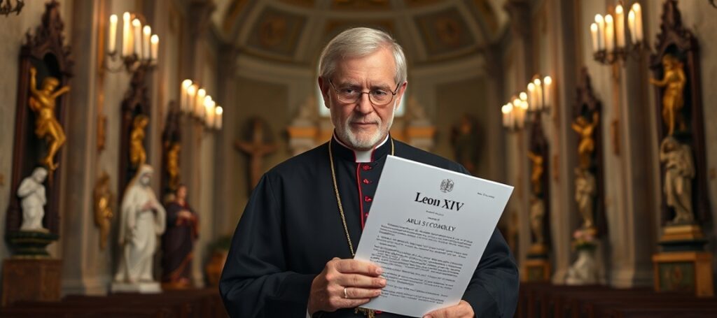 Obraz przedstawiający abp. Paula S. Coakleya w tradycyjnym katolickim otoczeniu, trzymającego dokument z nazwą 'Leon XIV'.