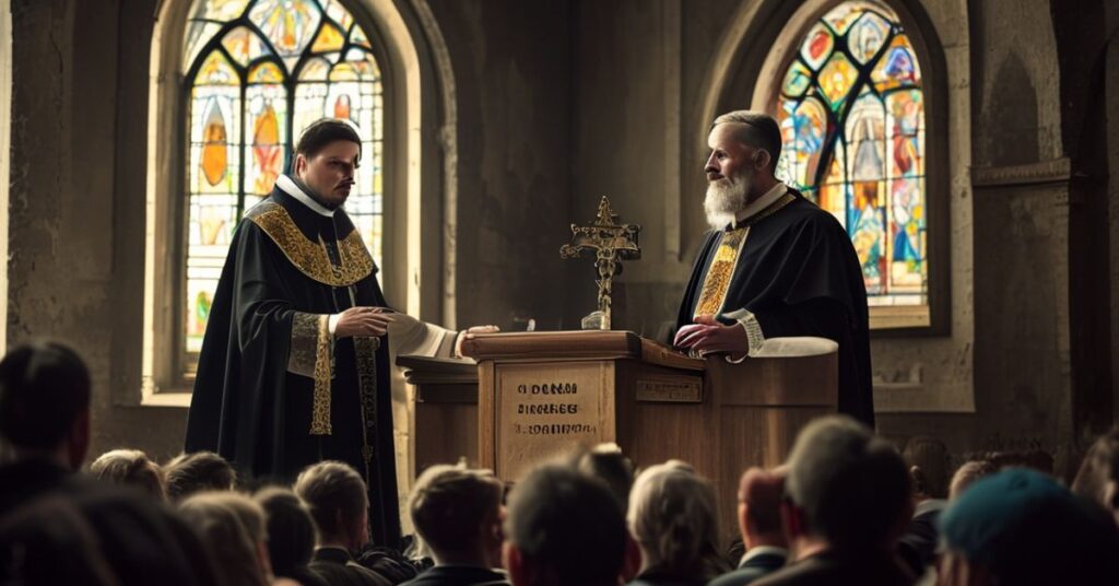 Obraz przedstawia "abpa" Andrzeja Przybylskiego podczas przemówienia w Borowej Wsi, z członkami Zakonu Grobu Bożego w tle. Scena jest ustawiona w tradycyjnym kościele katolickim.