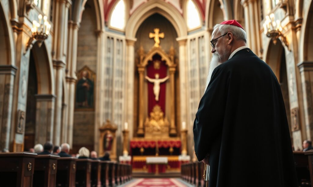 Obraz przedstawiający abp. Stanisława Gądeckiego w katedrze, refleksyjny i smutny z powodu braku prawdy w ekumenizmie.