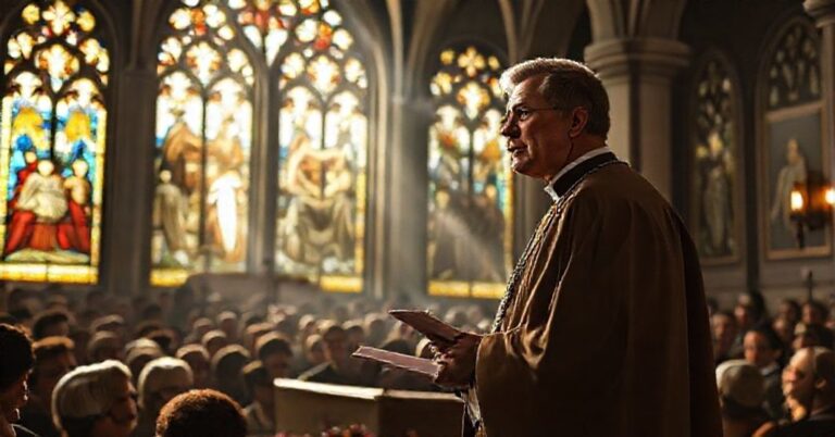 Grób św. Jana Pawła II z "abp" Adamem Szalem podczas kazania, kontrastującym z nowoczesnymi elementami architektonicznymi w tradycyjnym wnętrzu kościelnym.