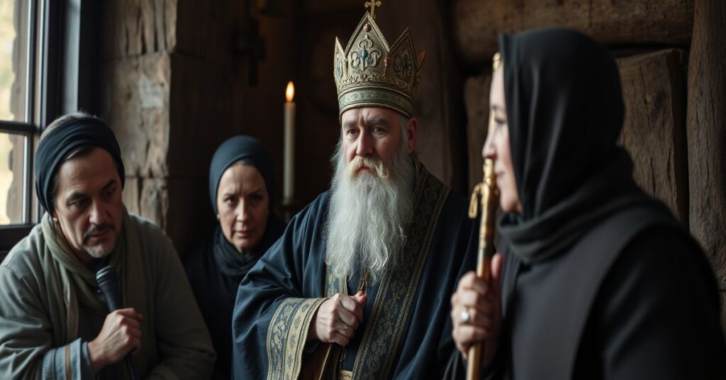 Abp Szewczuk na tle zniszczonej katedry ukraińskiej, symbolizujący redukcję misji Kościoła do humanitaryzmu