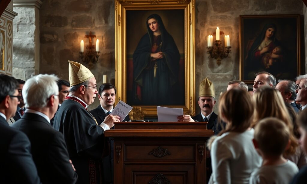 Wizerunek abp. Tadeusza Wojdy podczas przemówienia na Jasnej Górze, otoczonego rodzicami i dziećmi
