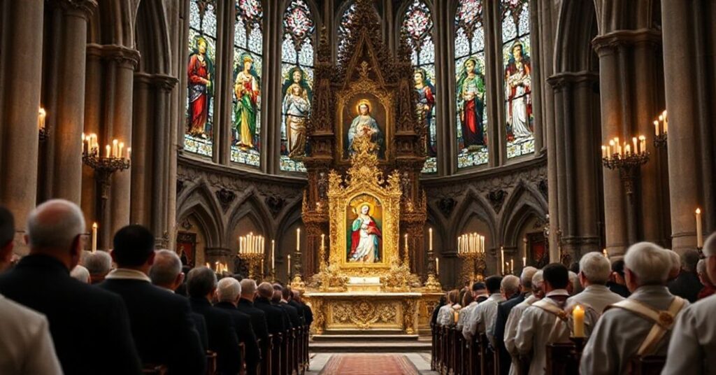 Tradycyjny katolicki widok w katedrze Notre-Dame z Abp. Tadeuszem Wojdą przedstawiającym Ikonę Matki Bożej z Jasnej Góry przed zborsem w modlitwie