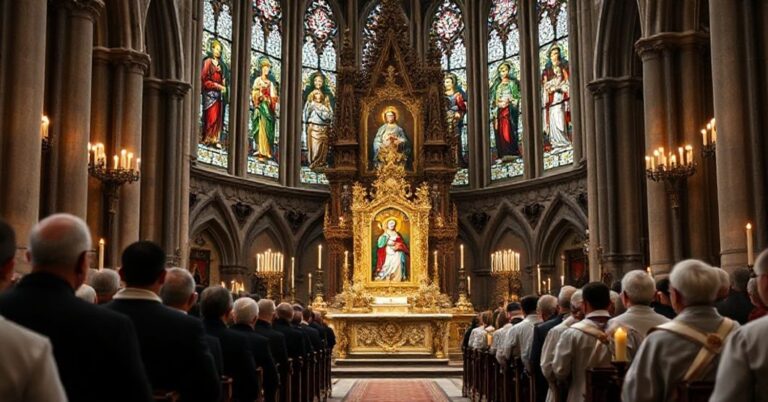 Tradycyjny katolicki widok w katedrze Notre-Dame z Abp. Tadeuszem Wojdą przedstawiającym Ikonę Matki Bożej z Jasnej Góry przed zborsem w modlitwie