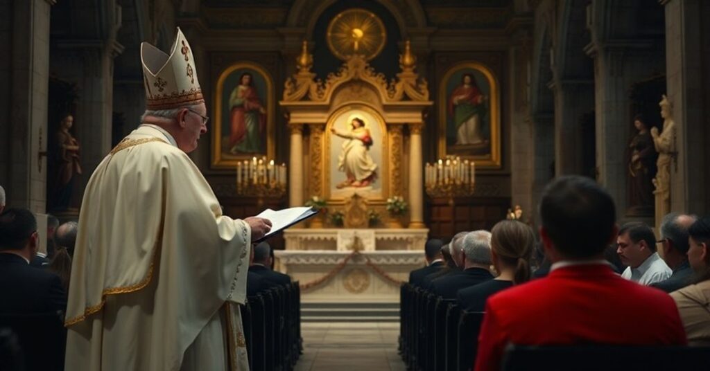 Ciemna i ponura scena w kościele z pustym tabernakulum symbolizującym brak obecności Chrystusa podczas homilii abp. Tadeusza Wojdy.