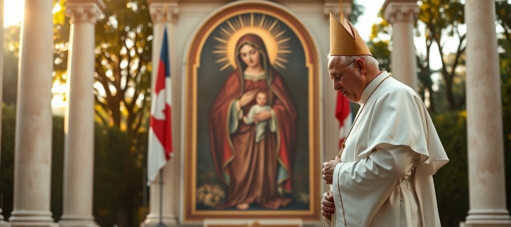 Arcybiskup Tadeusz Wojda SAC w Ogrodach Watykańskich oddaje hołd mozaice Matki Bożej Gietrzwałdzkiej przy udziale uzurpatora Leona XIV – akt apostazji i idolołatrii narodowej w służbie schizmy posoborowej