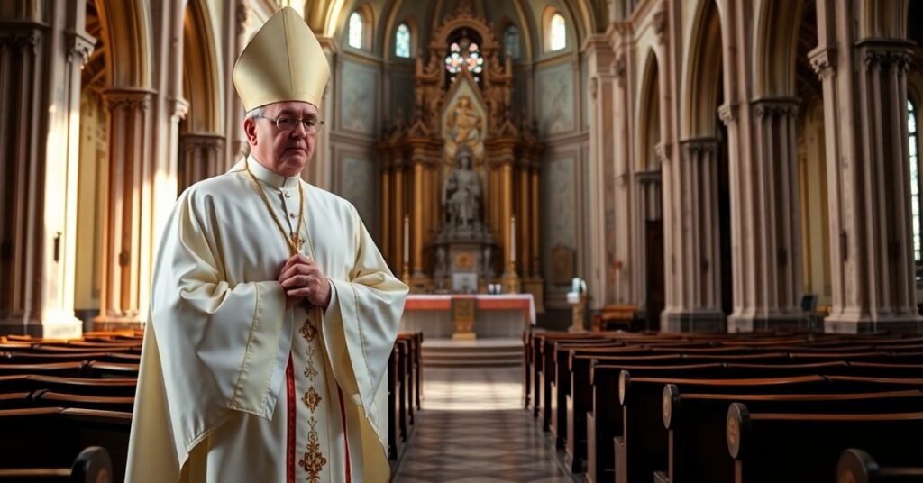 Arcybiskup Tadeusz Wojda SAC w katedrze modlący się samotnie - symbol duchowej pustki w wakacyjnych życzeniach Konferencji Episkopatu