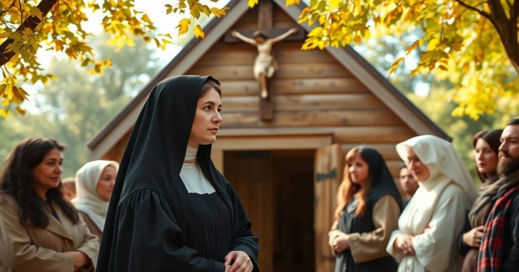 Portret Adele Brice w tradycyjnym habitze katolickim przed kaplicą w Champion w stanie Wisconsin