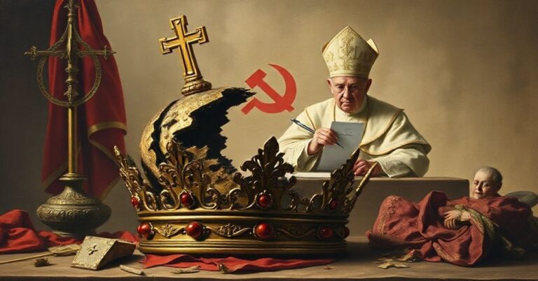 Obraz przedstawiający symboliczne upadek królestwa Chrystusa na rzecz socjalizmu w tradycyjnym katolickim kontekście.