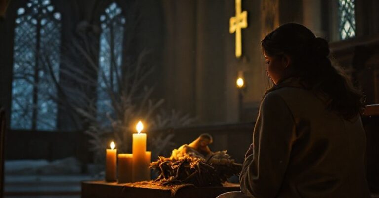 Scena adoracji Jezusa w tradycyjnym kościele katolickim, z kobietą modląca się przed żłobkiem w grudniowej ciemności.