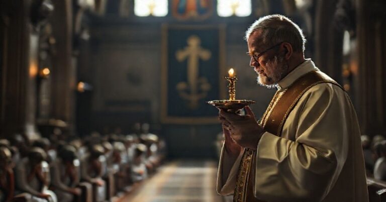 Tradycyjny katolicki ksiądz trzyma monstrancję z hostią w kościele podczas adoracji eucharystycznej w Sokółce