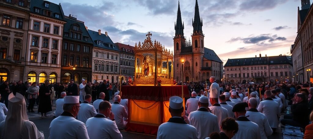 Procesja katolicka na krakowskim Rynku Głównym podczas adoracji 'Jestem!', prowadzona przez kardynała Grzegorza Rysia z monstrancją