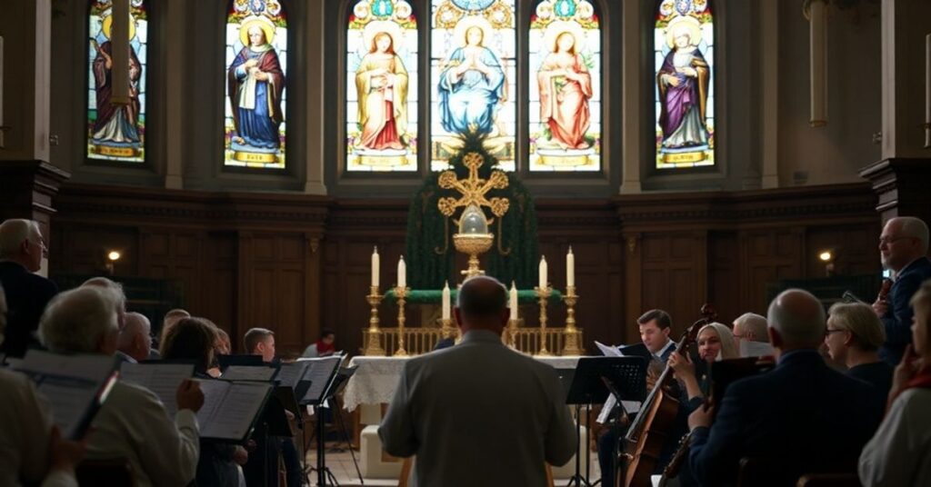 Tradycyjny kościół katolicki z monstrancją na ołtarzu podczas uroczystej adoracji. Chór i orkiestra w tle podkreślają świętość momentu.