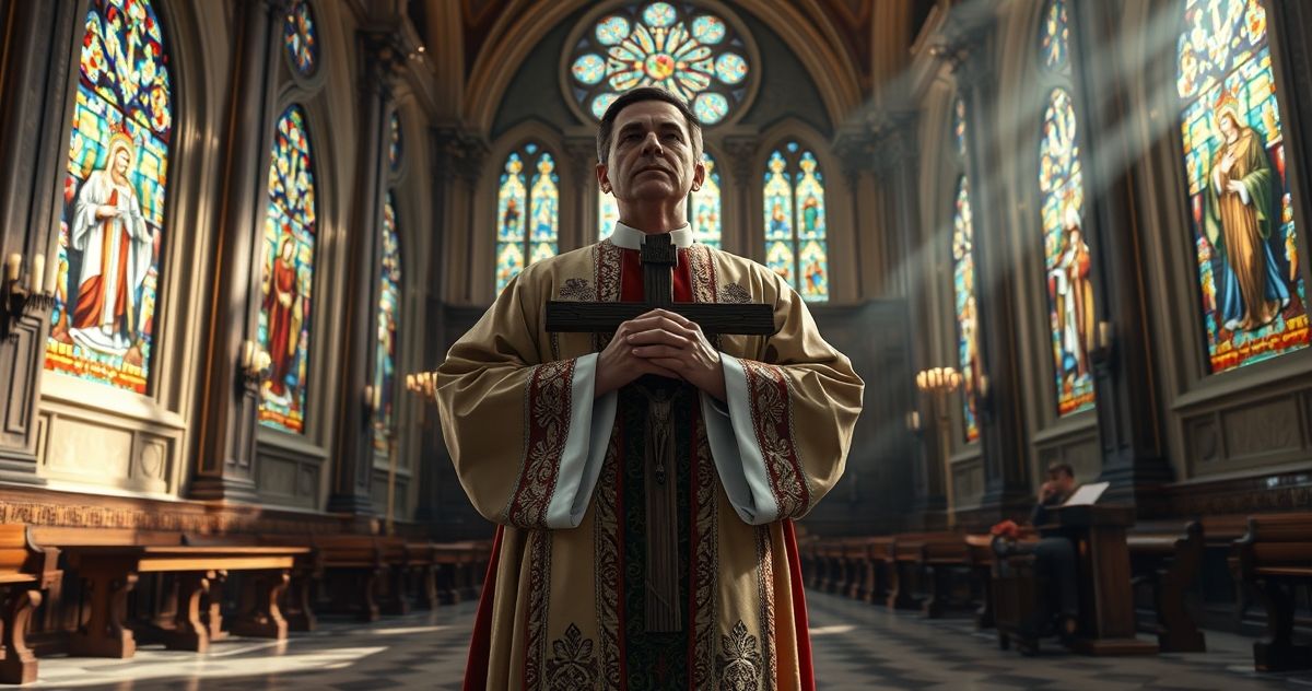 Rekolekcje katolickie, kapłan w tradycyjnym ornacie trzymający krucyfiks podczas adoracji w kościele, symbol wiary i prawdy w katolickim stylu