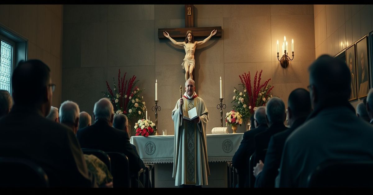 Obraz przedstawiający Adrian Galbasa podczas heretyckiej homilii w szpitalu klinicznym im. ks. Anny Mazowieckiej.