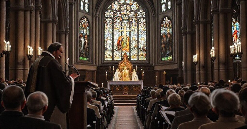 Wierni w katedralnym kościele w Kaliszu podczas Adwentu bez obecności Najświętszego Sakramentu i królewskich symboli