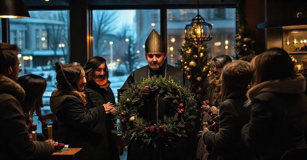 Tradycyjny adwentowy wieńczyk budowany przez grupę wiernych pod przewodnictwem „biskupa” Macieja Małygi w kawiarnianym środowisku, z brakiem odwołania do Chrystusa Króla