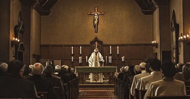 Wnętrze kościoła katolickiego podczas Adwentu z księdzem Rafałem Hołubowiczem głoszącym kazanie do małej grupy wiernych. Ołtarz ozdobiony świecami i krzyżem symbolizuje brak królestwa Chrystusa. Scena jest poważna i skupia się na krytyce nowoczesnych odchodzeń od prawdziwej nauki katolickiej.