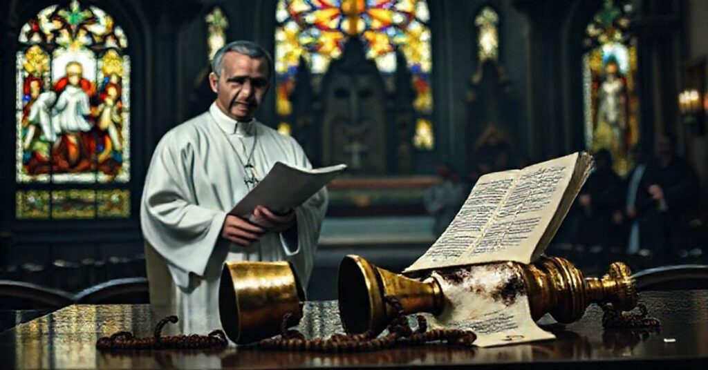 Tradycyjny kapłan katolicki w kaplicy z witrażem przedstawiającym Sąd Ostateczny, trzymający Syllabus błędów i różaniec.