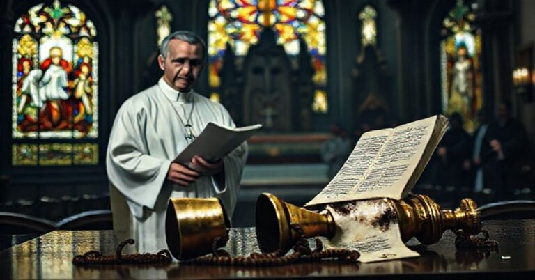 Tradycyjny kapłan katolicki w kaplicy z witrażem przedstawiającym Sąd Ostateczny, trzymający Syllabus błędów i różaniec.