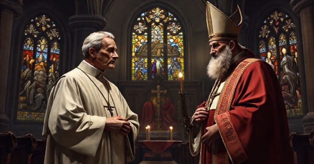 Tradycyjny katolicki ksiądz O. Roberto Pasolini i antypapież Leon XIV w kościele podczas dyskusji na temat błędnych nauk modernistycznych.