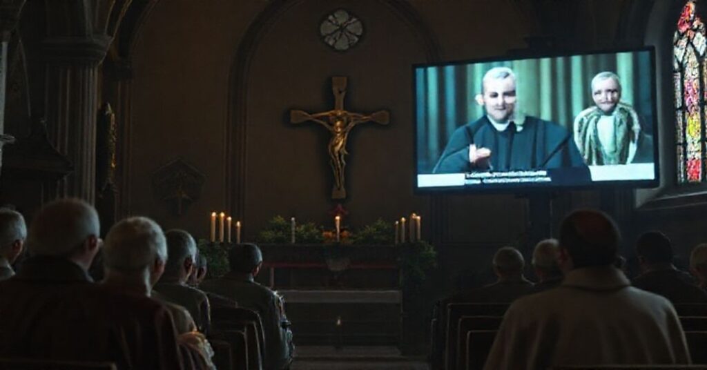 Sobór w czasie adwentu z transmisją fałszywej rekolekcji na ekranie i zniszczonym krucyfiksem na tle.