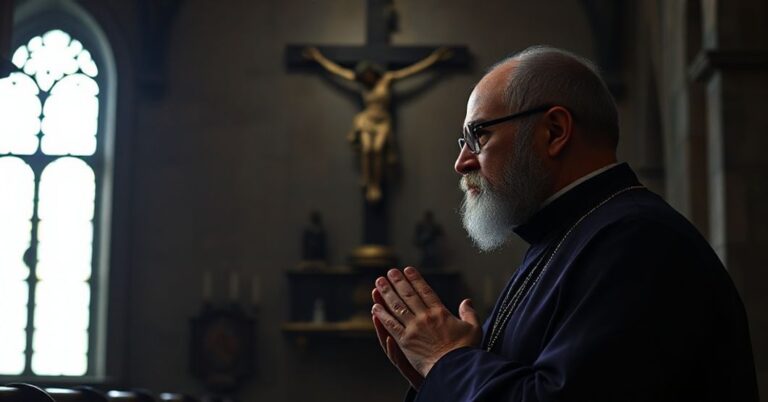 Ksiądz w fioletowych szatach modli się w tradycyjnym kościele katolickim podczas Adwentu, symbolizując pokutę i oczekiwanie na Paruzję.