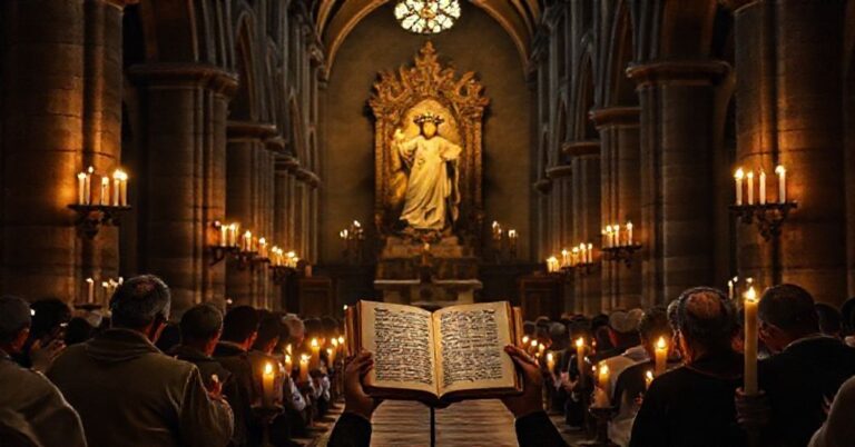 Czciciele modlący się w starej katedrze z rzeźbem Chrystusa Króla i starożytnym tekstem Izajasza podczas Adwentu