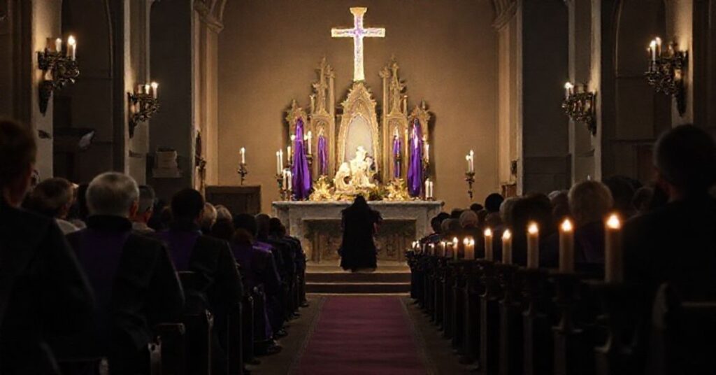Wnętrze tradycyjnego kościoła katolickiego podczas Adwentu z grupą wiernych modlących się przed ołtarzem ozdobionym purpurowymi szatami. Scena podkreśla pokutę i przygotowanie do Drugiego Przyjścia Chrystusa.