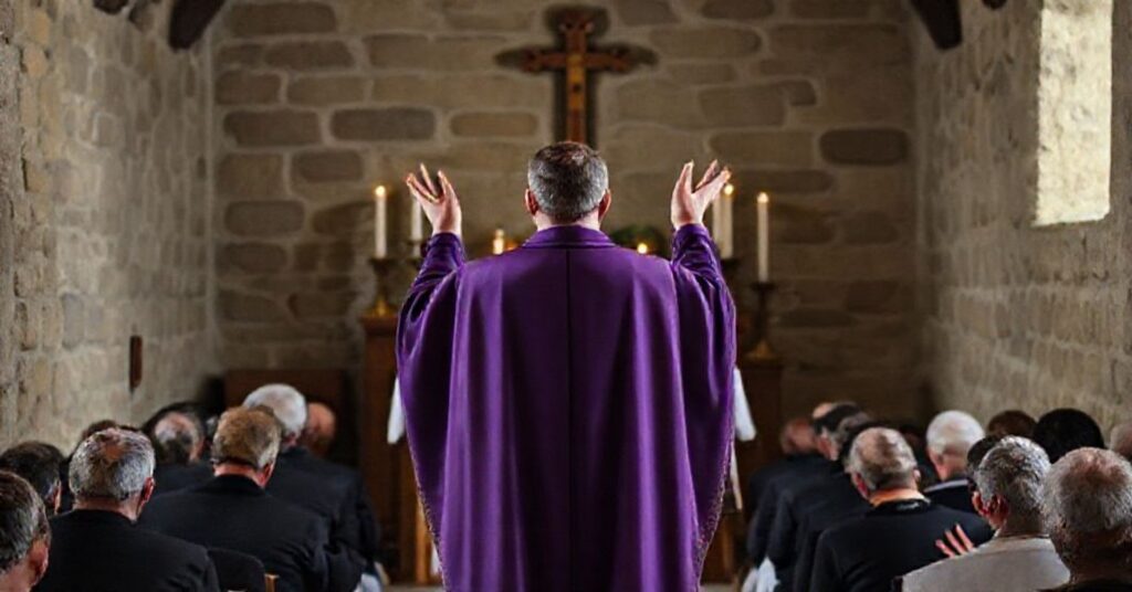 Ksiądz w fioletnym ornaty modli się przed ołtarzem z adorowanymi świecami adwentowymi i krucyfiksem w tradycyjnym kościele