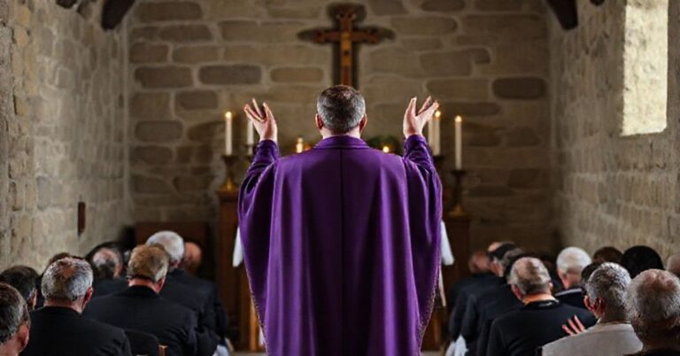Ksiądz w fioletnym ornaty modli się przed ołtarzem z adorowanymi świecami adwentowymi i krucyfiksem w tradycyjnym kościele