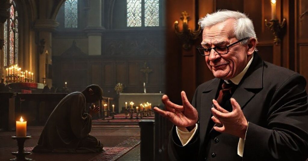 Scena katolickiego Adwentu: modląc się w Roratniej Mszy św. przy świetle świec w tradycyjnym kościele