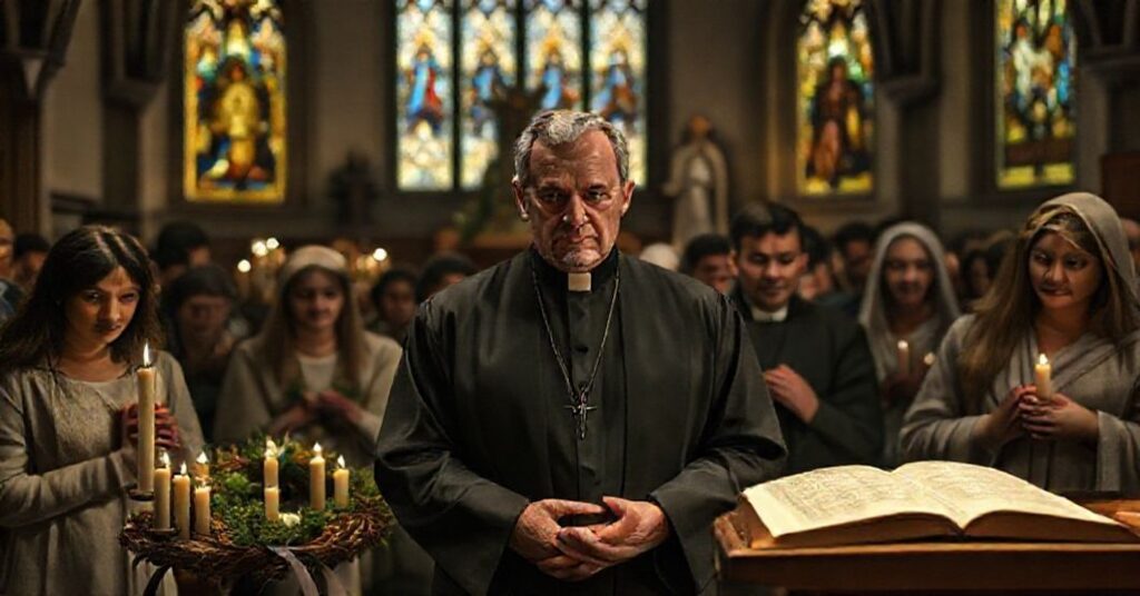 Tradycyjna scena Adwentowa w kościele z grupą wiernych w modlitwie i Ojcem Henrykiem Cisowskim OFMCap.