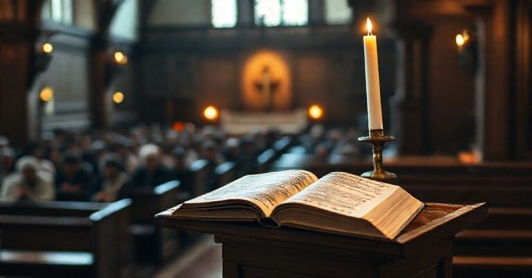 Tradycyjny kościół katolicki w Adwencie z amboną i biblią - symbolizujący prawdziwą pokutę i przygotowanie duchowe.