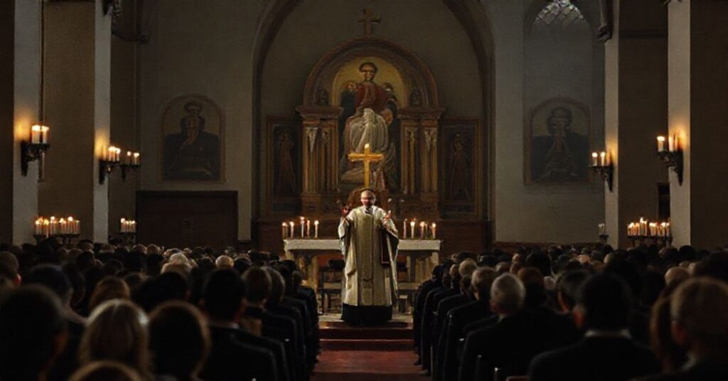 Wnętrze katowickiego seminarium z homilią "abpa" Andrzeja Przybylskiego w czasie Adwentu, prezentujące naturalistyczne podejście zamiast nadprzyrodzonej wiary.