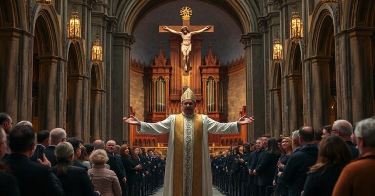 Wizualizacja modernistycznej farsy w katedrze w Bydgoszczy podczas "Adwentowego Światła Nadziei" z udziałem bp. Krzysztofa Włodarczyka