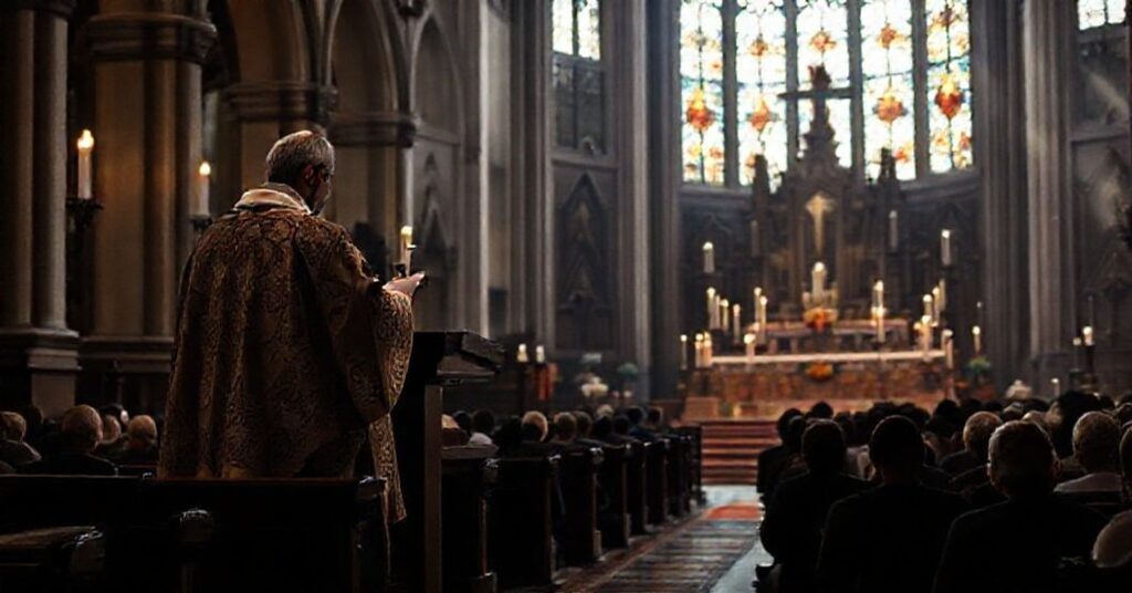 Tradycyjny katolicki wnętrze katedry podczas Adwentu z kapłanem na ambonie i wiernymi w modlitwie.