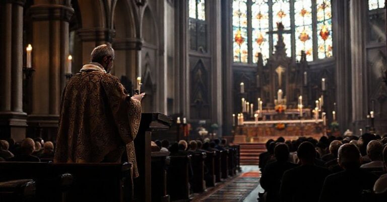 Tradycyjny katolicki wnętrze katedry podczas Adwentu z kapłanem na ambonie i wiernymi w modlitwie.